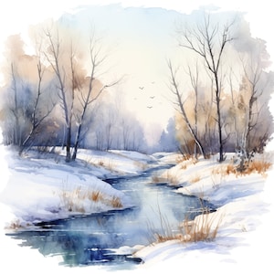 26 imágenes prediseñadas de bosque invernal en acuarela, imágenes prediseñadas de bosque invernal, archivos JPG de alta calidad, paisajes de bosque invernal, bosque nevado, imágenes prediseñadas de invierno