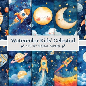 40 aquarel Kids' Celestial Digital Papers, sterrennacht, nachtelijke hemel textuur achtergrond, Galaxy plakboek, afdrukbaar plakboek
