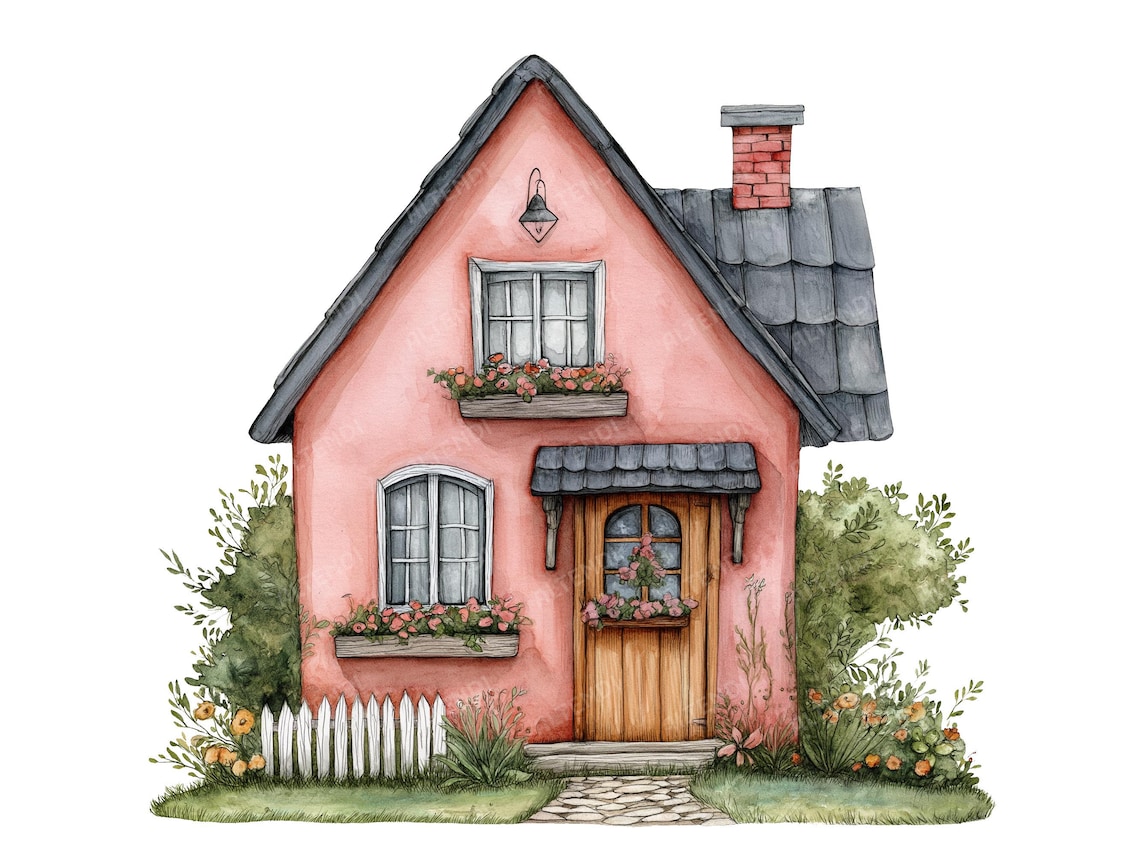 Peut inclure: Une illustration aquarelle d'un chalet rose avec un toit noir, une cl&ocirc;ture en bois blanc et une jardini&egrave;re avec des fleurs roses. Le chalet a une porte brune avec une jardini&egrave;re au-dessus et une fen&ecirc;tre avec une jardini&egrave;re en dessous. Le chalet est entour&eacute; de buissons verts et de fleurs.