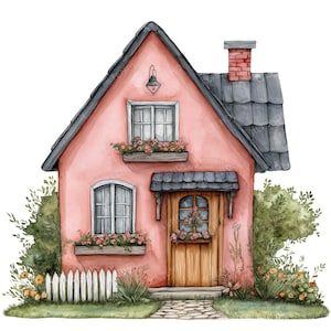 24 Clipart di piccole case ad acquerello, JPG di alta qualità, casa accogliente, cottage con giardino, cottage con fiori, casa di campagna