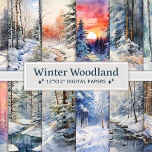35 papiers numériques aquarelle hiver bois, paysages d'hiver à imprimer, scènes d'hiver au pays des merveilles, pages de forêt enneigée