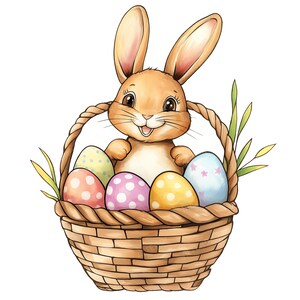 16 paniers de Pâques aquarelles avec clipart lapin, clipart lapin de Pâques, joli lapin de Pâques, oeufs de Pâques, panier de Pâques, JPG de haute qualité