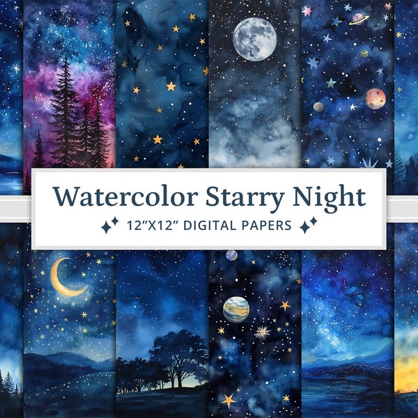 35 aquarel Sterrennacht digitale papieren, nachtelijke hemel textuur achtergrond, Galaxy scrapbook papier, afdrukbaar scrapbook papier