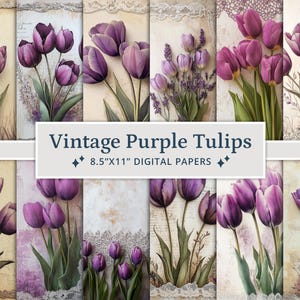 22 Purple Tulips Junk Journal Paper Pack, Tulip Ephemera Kit, Romantic Scrapbook Paper, Printable Tulip Digital Pages, Purple Flowers