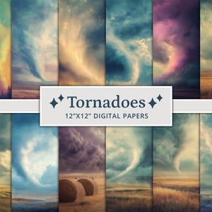 May include: A collection of digital papers featuring various tornado scenes. The images showcase swirling cloud formations in shades of blue, purple, and gold over fields. The text "Tornadoes 12"x12" Digital Papers" is displayed on a white banner.