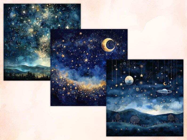 45 Watercolor Starry Night Digital Papers, Night Sky Texture Background ...