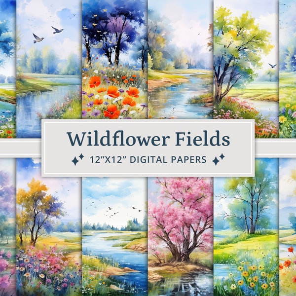 18 Watercolor Wildflower Fields Digital Papers, Wildflower Digital Paper, Printable Wildflower Digital Papers, Spring Landscapes