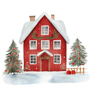 20 Clipart di case scandinave invernali ad acquerello, cottage scandinavi, case nordiche, graziosa casa di campagna scandinava, JPG di alta qualità