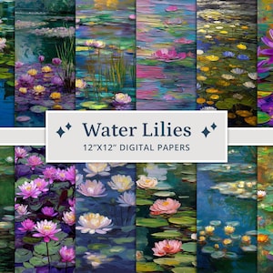 20 papéis digitais de nenúfares, papel para scrapbook inspirado em Claude Monet, papel para scrapbook de nenúfares, texturas para pintura a óleo