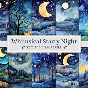 18 papeles digitales de acuarela con diseño de noche estrellada, fondo con textura de cielo nocturno, papel para álbum de recortes con cielo nocturno, papel para álbum de recortes imprimible