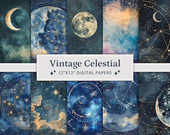 30 Vintage Celestial Digital Papers, Printable Scrapbook Paper, Galaxy Scrapbook Paper, Watercolor Textures, Zodiac Digital Paper