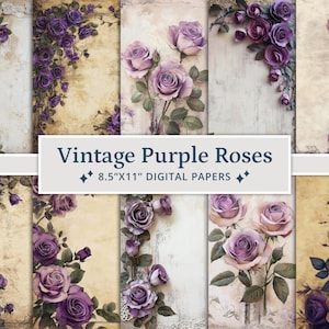 28 Vintage Shabby Chic Purple Roses Junk Journal Paper Pack, Kit Vintage Shabby Chic Ephemera, Carta per Scrapbook Romantica, Rose, Rose Viola