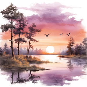 19 Watercolor Lake Sunrise, Lake Landscape Clipart, Lake Sunrise, Printable Watercolor Clipart, High Quality JPGs, Paper Craft