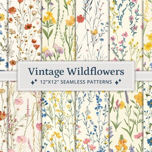 23 carte digitali senza soluzione di continuità con fiori selvatici vintage, motivo senza soluzione di continuità con fiori selvatici, carte digitali con fiori selvatici stampabili, carta con fiori selvatici