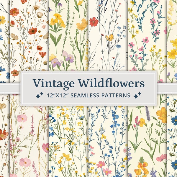 23 vintage wilde bloemen naadloze digitale papieren, wilde bloemen naadloos patroon, afdrukbare wilde bloemen digitale papieren, wilde bloemenpapier
