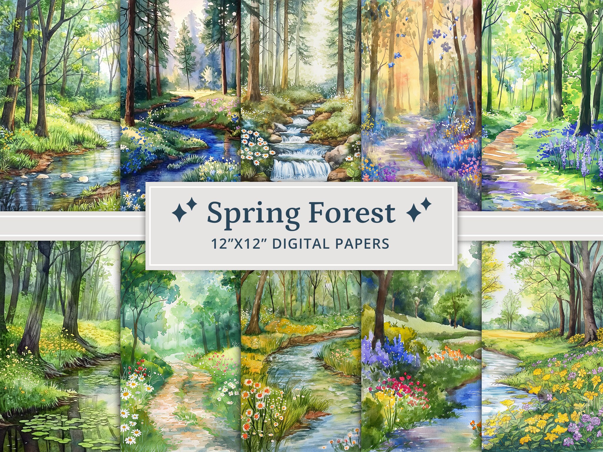 20 Watercolor Spring Forest Digital Papers, Printable Spring Landscapes, Spring Woodland Scenes, Floral Forest, Spring Forest Paper