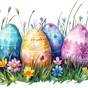 32 aquarel paaseieren clipart, handgeschilderde paaseieren, handbeschilderde paaseieren, gras, wilde bloemen, wilde bloemen, hoge kwaliteit jpg's
