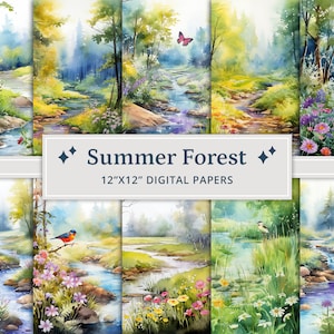 25 Aquarell Sommer Wald Digitale Papiere, Grüner Wald, Sommer Landschaften, Wildblumen, Schmetterlinge, Vögel, Forest Creek, bedruckbar