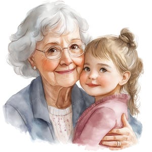 25 imágenes prediseñadas de abuela y nieta en acuarela: abuela, anciana, niña, tarjetas, manualidades digitales en papel, archivos JPG de alta calidad.