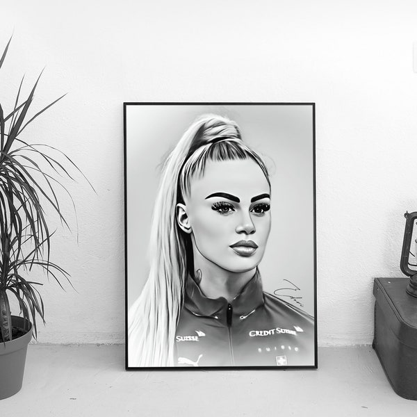 Alisha Lehmann Portrait Black and White Draw Wall Art | Women Football Print | Instant Digital Download