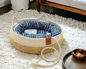 Woven Cat Rattan Basket, Summer Kitten Bed, Removable Mattress Sleeping Dog House, Washable Puppies Bedding, Super Comfortable Pet Nest