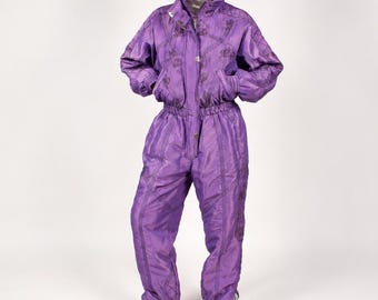 Vintage 90s Purple Shiny Ski Suit with High Collar M/L