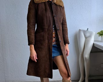 Vintage 80er Jahre Schaffellmantel Brauner Wildledermantel Shearling Winterjacke Vintage Damen Boho Pelzkragenmantel Größe S/M