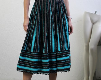 Turquoise Striped Skirt 80s Midi Skirt High Waisted Retro Black Stripe Floral Print Flower Casual 1980s Womens Size Medium UNWORN