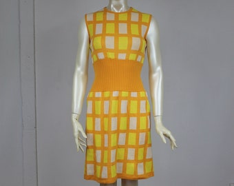 Checkered Dress 70s Mod Mini Dress Yellow Orange Minidress Sleeveless Plaid Dress Print Bodycon Vintage Women 1970s Women Size Medium