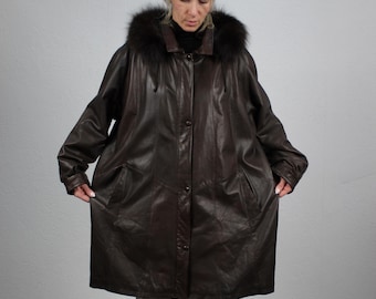 Hooded Leather Jacket Y2k Oversized Brown Leather Coat Leather Hoodie 00s Coat Fur Trim Hood Vintage Women's Extra Large