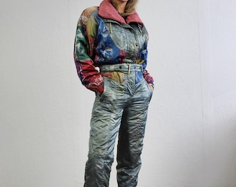 Vintage One Piece Ski Suit 80s Winter Jumpsuit Women&#39;s Medium, Men&#39;s XS Skiwear Retro Multicolored Snowboarding Silver