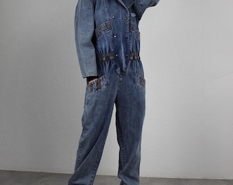 80s Denim Jump Suit with Snap Button Jumpsuit One Piece Body Jump Suit Pantsuit Jean Romper Sleeve Large