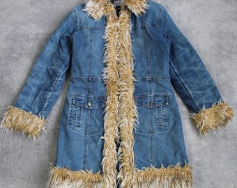 Vintage Y2k Insulated Denim Coat Penny Lane Collar Faux Fur Trench