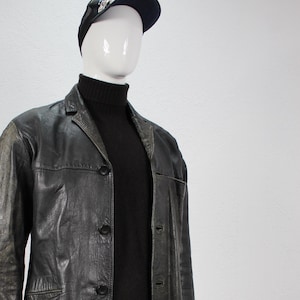 Veste en cuir vieilli vintage des années 80, noire, boutonnée, col à pression, poches, patine usée, années 1980, taille L pour homme