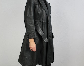 40s Vintage German Leather Coat Dark Green Belted Motorcycle Trench Structured Shoulders Double Buckle Size S