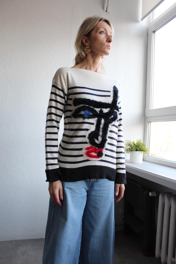 JEAN PAUL GAULTIER Sweater Y2K Stripe Picasso Face Pattern Sweater