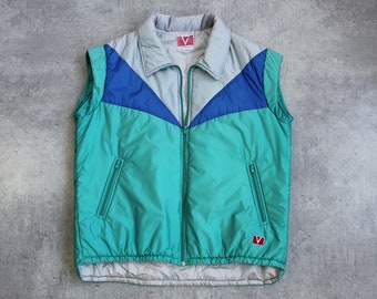 80er Skiweste Blaue Pufferweste Blau Silber Ärmellose Jacke Reißverschluss Puffy Skibekleidung Warm Retro Winter Puff Vintage 1980er Jahre Groß L