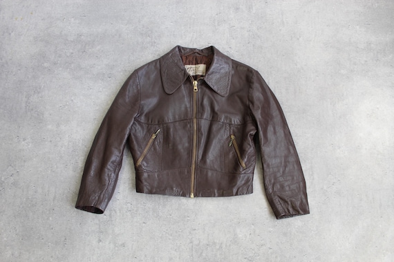 Vintage 70s Swedish Leather Jacket Cropped Brown Moto Jacket Sweden Leather | 3/4 Sleeve Retro Biker Jacket Size XS / S