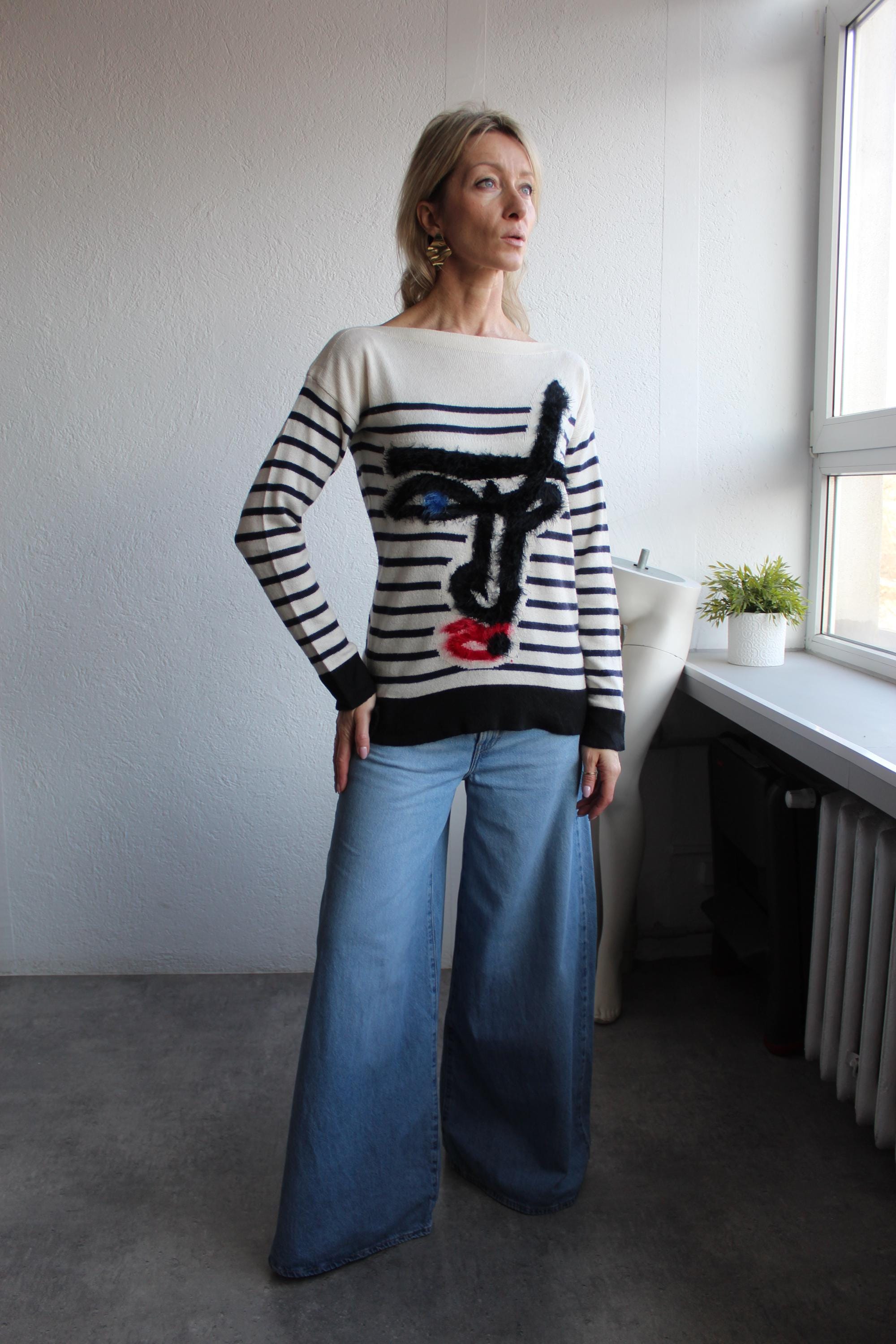 JEAN PAUL GAULTIER Sweater Y2K Stripe Picasso Face Pattern Sweater