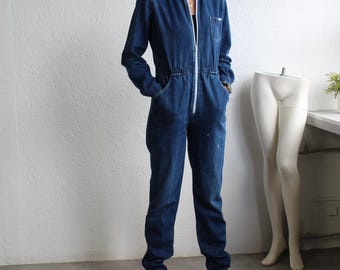 Mono vaquero de los 80, ideas de mono, pantalones vaqueros azules, mono con cremallera, mono de manga larga, ropa de trabajo utilitaria, mono vintage de los años 80, tallas S/M