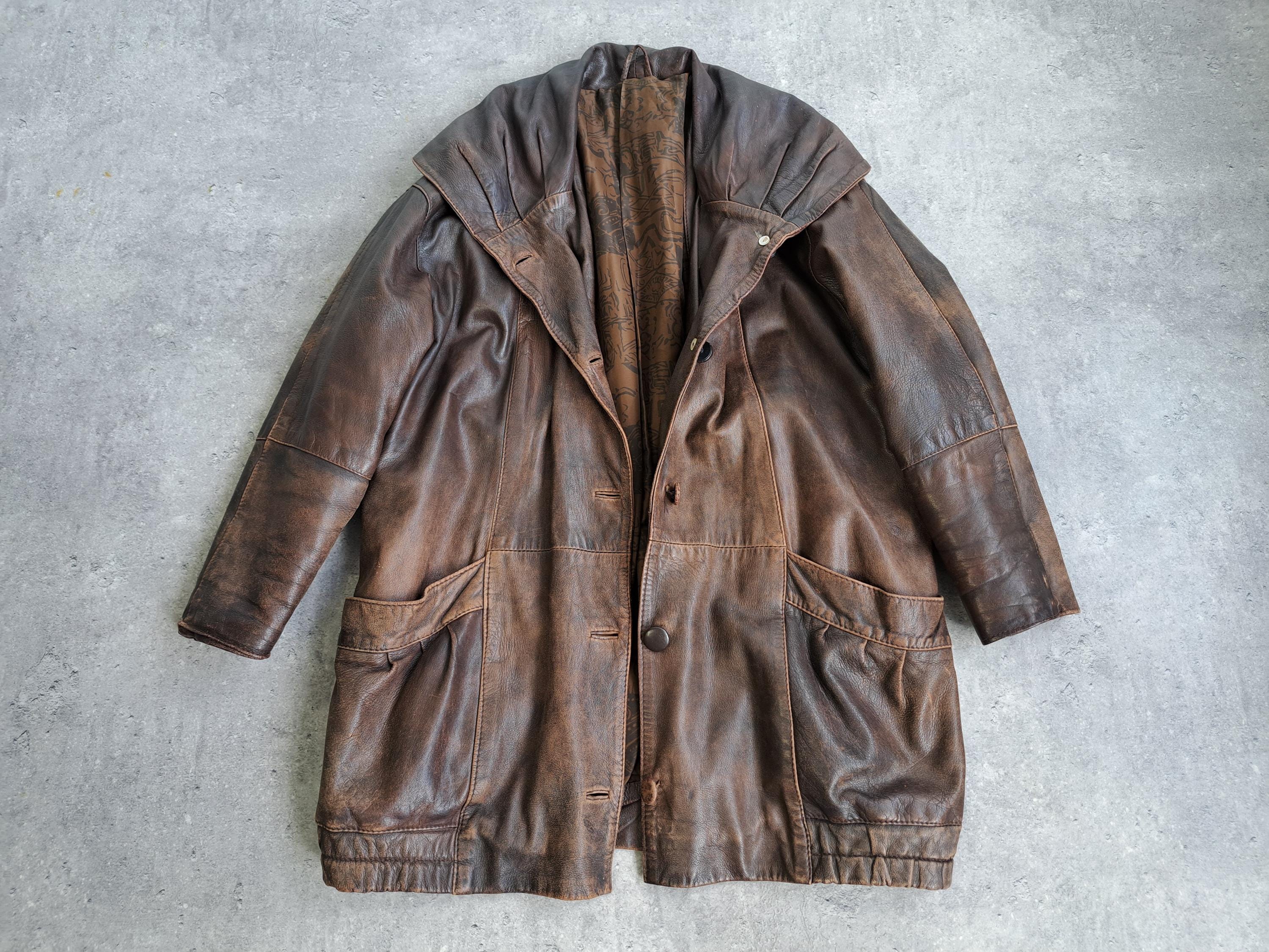80s Leather Jacket Brown 1980s Vintage Deep V Neck Coat Boxy Size