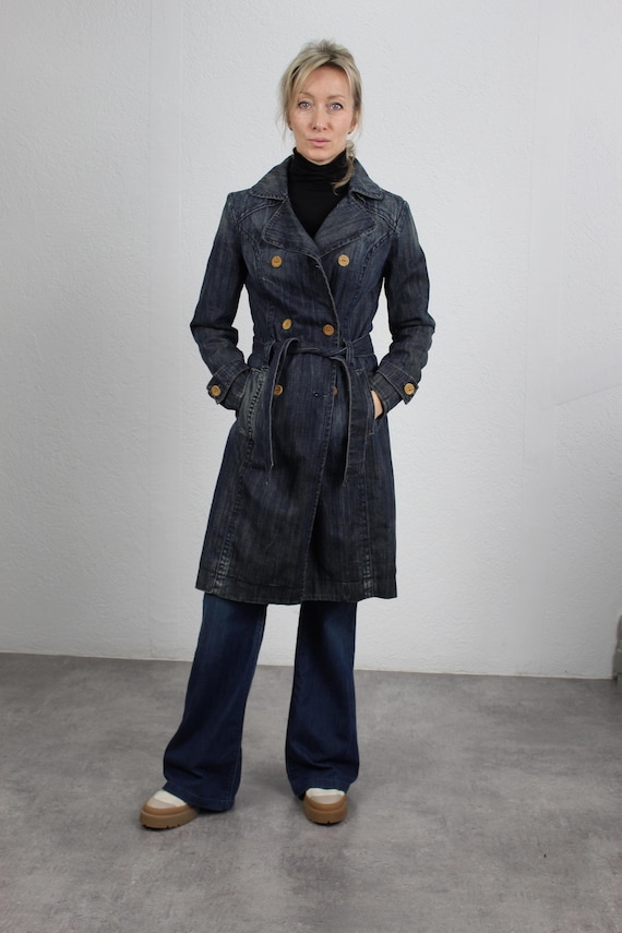 Vintage Y2k Miss Sixty Denim Trench Coat 00s Double Breasted