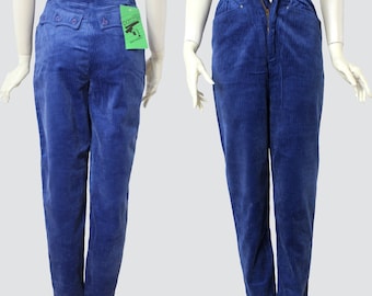 Royal Blue Corduroy Pants DEADSTOCK High Waisted Trousers Tapered Retro Vintage 1980s Women XXS / 24