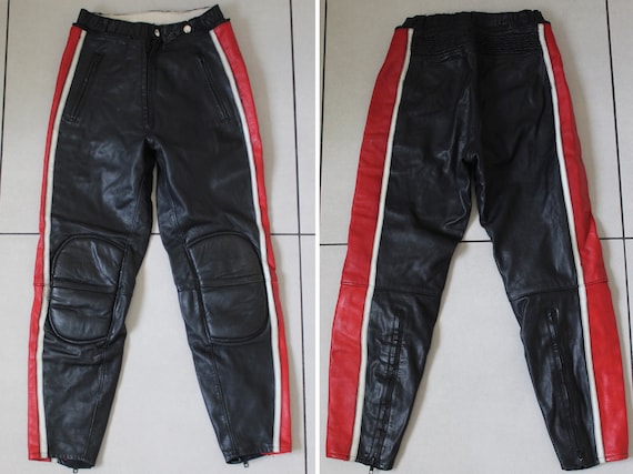 MOTORCYCLE LEATHER PANTS 80s Trousers Biker Black Red Racing