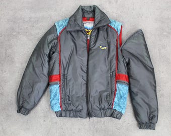 Bomber Jacket 80s Ski Jacket Retro Convertible Zip Off Sleeve Vest Skiwear Coat Silver 1980s Puff Zip Up