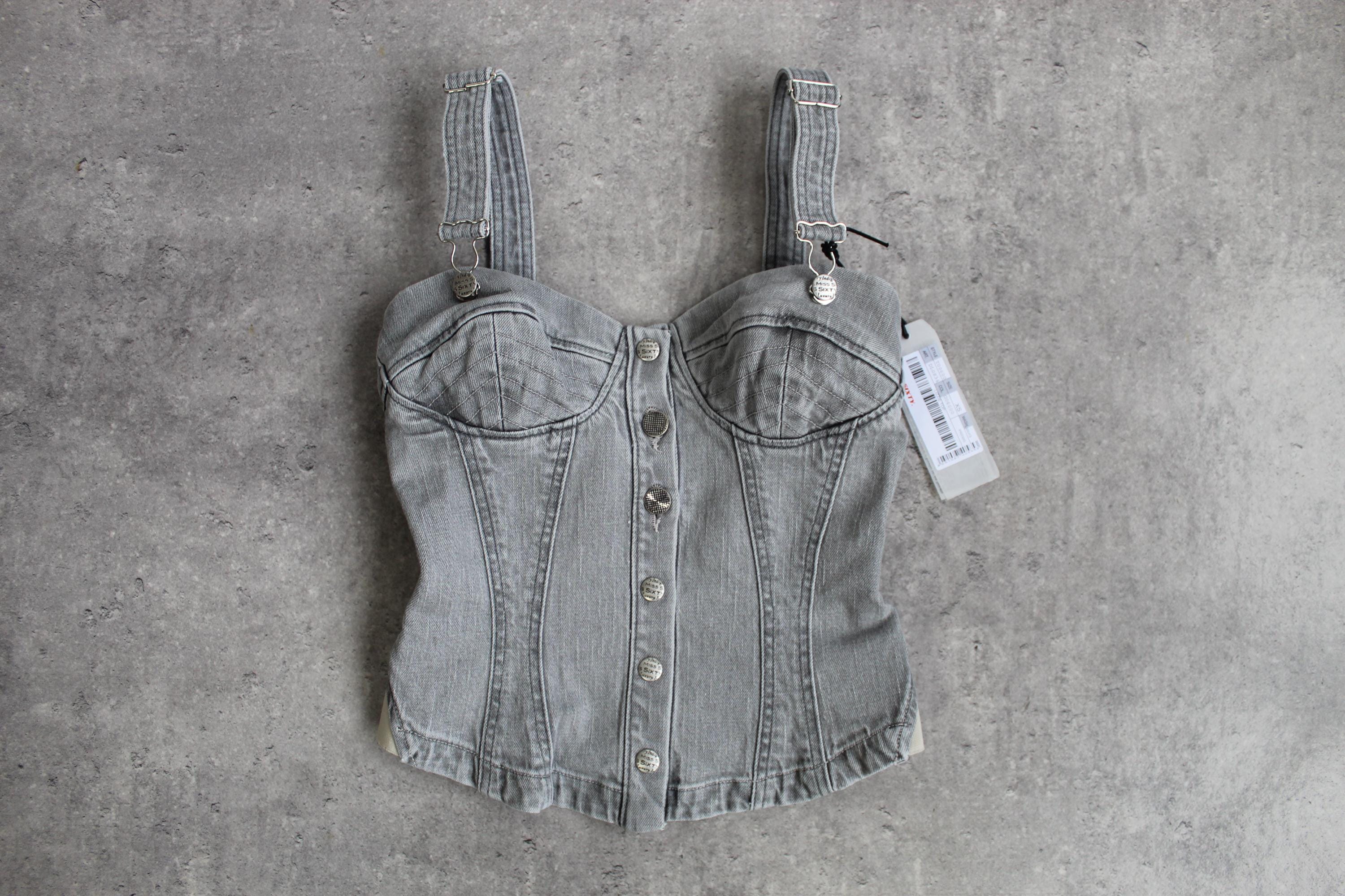 Y2k Miss Sixty Crop Top Denim Gray Corset Sleeveless Festival