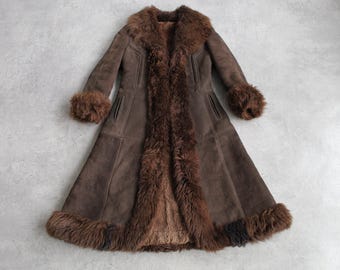 suède fur jacket / Mods coat vintage Vintage Borg Lined 70s Suede Fur Collar Jacket Coat Zip Mod Boho L