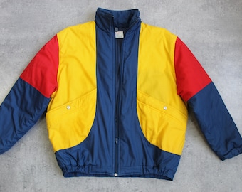 Navy Blue Puffer Jacket 80s Ski Jacket Zip Up Retro Color block Red Yellow Winter Coat Vintage 1990s Insulated Warm Snowboard Large