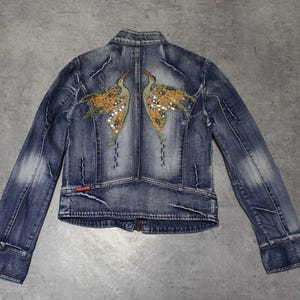 Vintage Biker Denim Jacket | Sequin Bird Back | Distressed Blue Jean Jacket | Y2K Moto Denim | Women's Statement Jacket Small / Medium