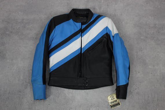90s Leather Jacket Striped Motorcycle Blue Black Jacket Biker Jacket Cafe Racer 00s Vintage Moto Jacket Women S Small